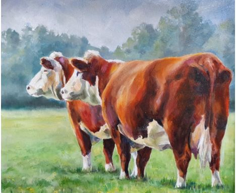 Oil on wood panel, study of 2 bulls, initialled I.L. and framed,32 x 37 cm 