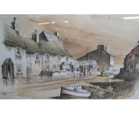 Indistinctly signed watercolour & pen, highlighted with white, "Ravensglass", framed and glazed,34 x 54 cmFine and clean 