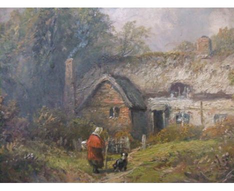 Attributed to George Turner (1843-1910) oil on wood panel "Lady before country cottage" 