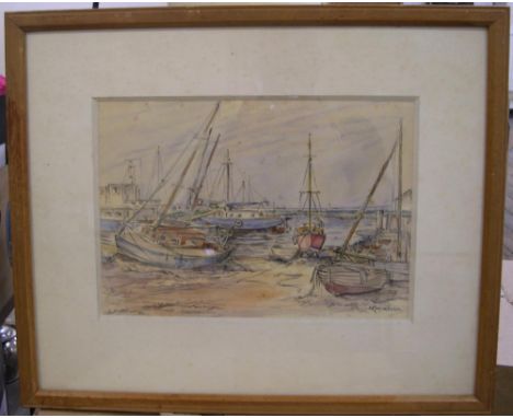 Exhibited Winifred Pickford watercolour & pen, "High and dry", 1981 Society of Women Artists label verso, original mount and 
