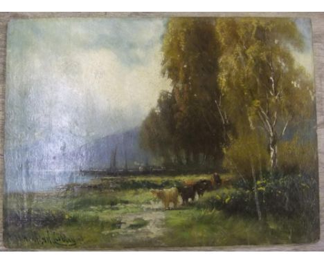 Henry Hadfield CUBLEY (1858-1934) 1913 oil on wood panel, "Cattle in the Isle of Arran", signed, inscribed verso, unframed,26