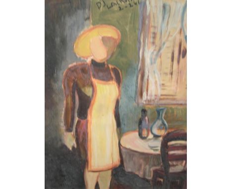 D J Lacroix 1946 French abstract oil on thin card, "Housewife by a table", framed,60 x 59 cm 