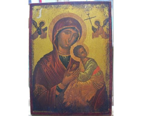 Icon depicting the Madonna & child on thick wood panel,22 x 16 cm 