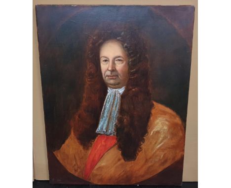 Large 20thC oil on canvas, portrait of an 18thC be-wigged gentleman, unsigned, unframed, 89 x 69 cm 