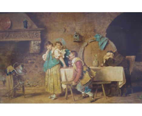 Unsigned 19C oil over print onto wood panel "17thC kitchen interior scene" in superb original frame,18 x 28 cm 