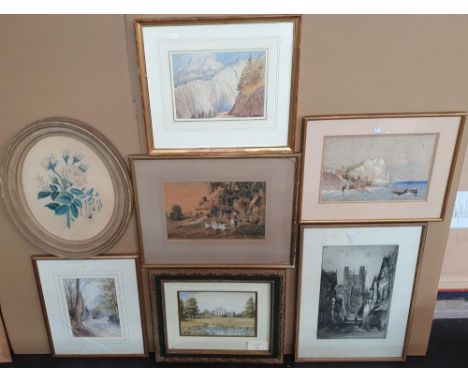6 antique old watercolours, all framed by differing artists and 1 old print (7). 