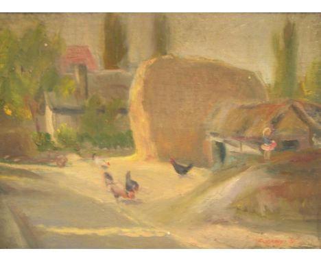 Indistinctly signed, 1828 exhibited Hungarian impressionist school oil on wood panel, "The farmyard" in original frame,23 x 3
