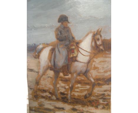 small indistinctly signed French antique oil on wood panel portrait of Napoleon on horseback, modern wood frame,14 x 10 cm 