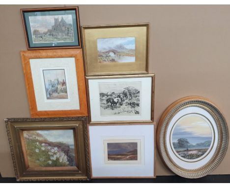 6 framed Edwardian watercolours and a Winifred Austen print of fell ponies.Other artists are Harry Goodwin, W MacKay etc 
