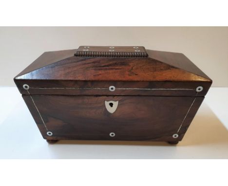 Fine Victorian mahogany tea-caddy with mother of pearl inlay, 31 cm long, No key