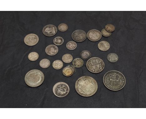 A collection of GB &amp; World Coins comprising Silver 1843 Four Pence (Groat), 1887 &amp; 1897 Shilling, George III &amp; Qu