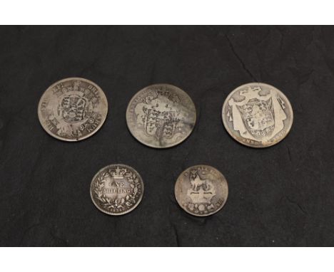 Five Silver Coins, 1817 George III Half Crown,George IV Shilling possible 1826, George IV Half Crown very worn no date seen, 
