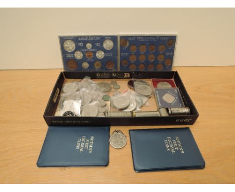 A collection of GB Coins including 1945 Proof Set, 1937 to 1952 Farthing Set, 1948 Two Shilling Coloured Coin in mount, moder