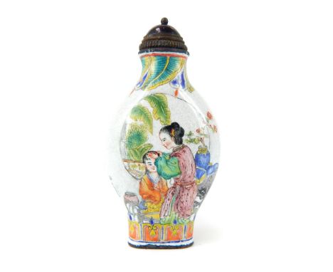 Chinese enamel snuff bottle with stopper, with painting of mother & child, Qianlong mark to base, 7.5 cm h.