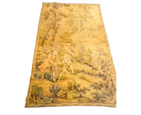 Early 20th European woven tapestry wall hanging, Georgian scene of gentleman on horseback with dogs in the grounds of a mansi