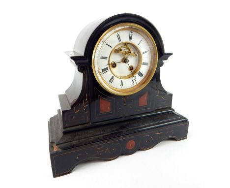 Black marble late 19th C mantle clock, viable escapement Roman numerals to white chapter ring, French brass movement striking