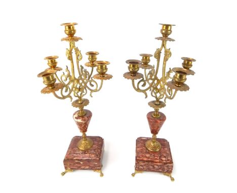 Pair of 5 pot, 4 branch clock garniture candelabra, brass scroll decoration, red variegated marble base 43.5 cm h
