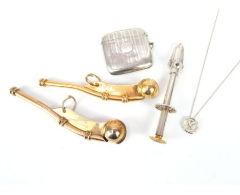 Silver Vesta engine turned with vacant cartouche, 2 Bosun's whistles, Swedish enamelled ice/ sugar grips and a Tiffany heart 