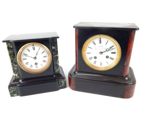 Two mantle clocks: black slate and marble clock red green variegated panels. Brevette movement, 22 cm, Continental movement, 