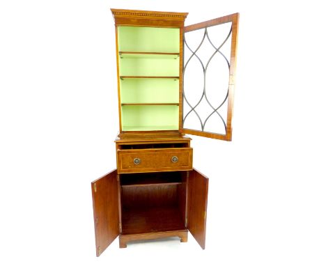 Narrow bureau bookcase in yew dentil cornice, geometric beading to glass door, secretaire fold down rest with green leather p