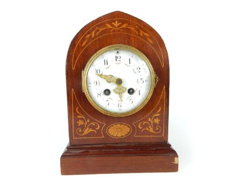 Lancet clock , mahogany case, satinwood inlay, enamel face with swag decoration. French Cluisinne movement, 26 cm h