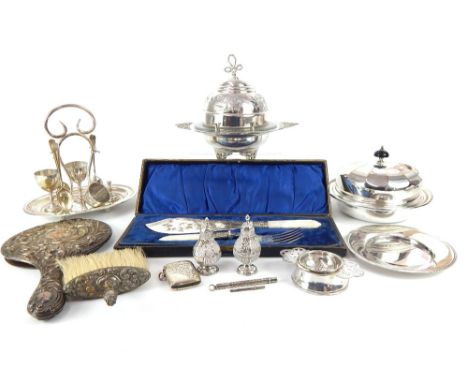 Silver Vesta case circa 1910, silver pencil and pepperettes, circa 1898, silver band fish serving tools and other silver plat