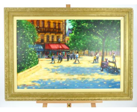 R Delarouche, a framed oil on canvas, continental town square in the sunshine, signed, 61x83cm.