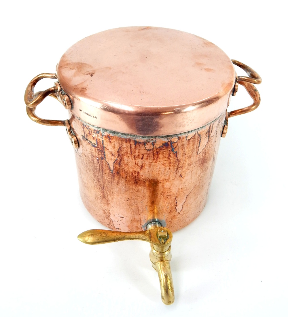 Copper stock pot, twin handles and lid, stamped Harrods, brass spigot