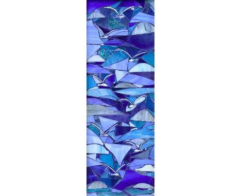 A contemporary abstract stained glass panel  25cm x 58cm including the frame
