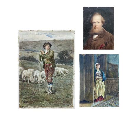 S MEYER Shepherd Boy Watercolour, signed, 39x28cm together with an interior watercolour signed K. Locking 1873 and a portrait