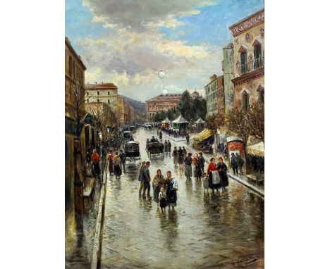 Giulio Vercelli (1871/79-1951) - Oil painting - Busy street scene in Italy, panel 17.75ins x 13.75ins, signed in black to low