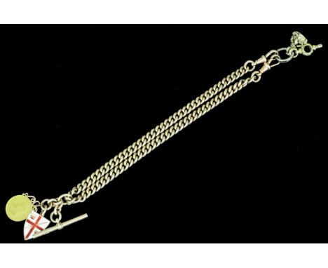 A gentleman's 9ct gold heavy chain Albert hung with a South African 1875 gold half Pond, an enamel shield pattern pendant inl