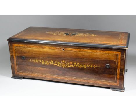 A late 19th Century Swiss twelve air musical box with bells in sight, No. 5359 with 16ins cylindrical and steel three piece c