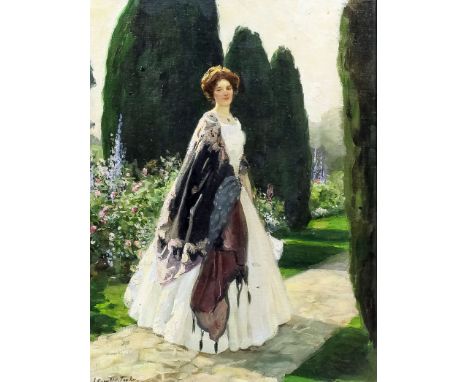 ***Leonard Campbell Taylor (1874-1969) - Oil painting - Full length portrait of a standing lady in a garden, 14ins x 11.5ins,