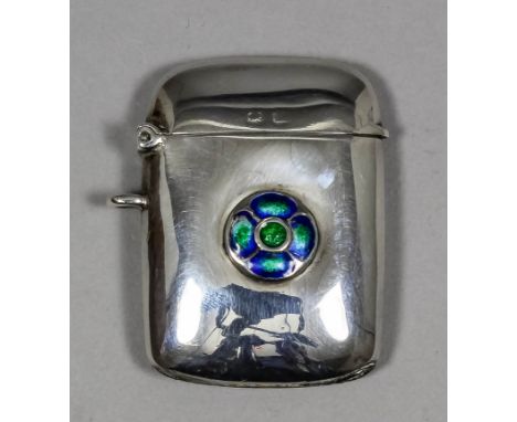 A George V plain silver and enamel rectangular vesta case in the manner of Archibald Knox by Liberty & Co, the front with rai