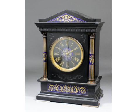 A late 19th Century French black slate and porcelain mounted mantel clock, the 8.75ins diameter black slate dial with gilt Ro