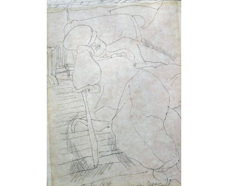 Style of Ruskin Spear (1911-1990) - Pencil drawing - "Cruise 1934" - Portrait of a sleeping man in a lounger chair, 9.5ins x 