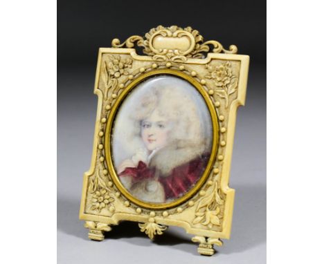 19th Century French School - Miniature shoulder length portrait of a woman wearing a red fur lined coat, oval 2.75ins x 2.25i