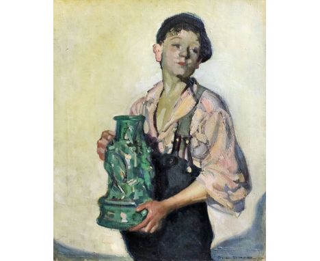 ARR Stephen Spurrier (1878-1961) - Oil painting - Three quarters length portrait of an urchin boy holding a green jug, canvas