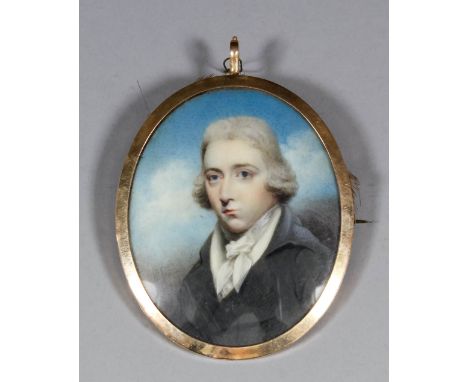 Late 18th Century English School in the manner of Plimer - Miniature shoulder length portrait of a young gentleman in grey co