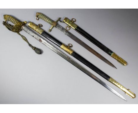 A Victorian 1827 pattern Naval Officer's dress sword with interesting 29.5 inch etched blade, double edged and double fullere