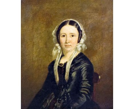 19th Century English School - Oil painting - Shoulder length portrait of a young woman dressed in black, board 14ins x 12ins,