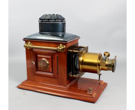 A late Victorian mahogany lacquered brass and polished steel "Magic Lantern" projector, 19ins x 10.5ins x 17ins high (lacking