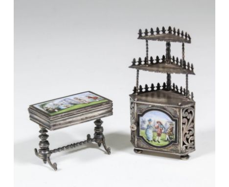 An early 20th Century Continental silver and enamel novelty miniature box modelled in the form of an occasional table, the li