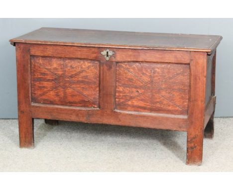 A late 17th/early 18th Century panelled oak coffer with plain lid, carved to panel front, on stile feet, 45ins wide x 17.5ins