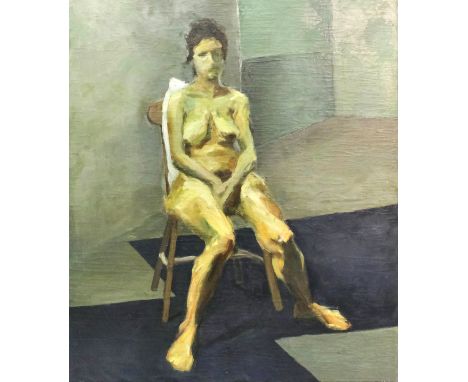 Sarah Coghill (born 1948) - Acrylic painting - Full length portrait of a seated nude woman, canvas 50.5ins x 44ins, unsigned 