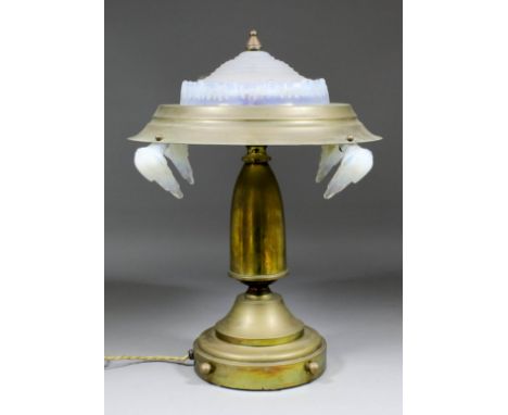 An early 20th Century French brass framed electric table lamp inset with moulded opalescent centre shade and four conforming 