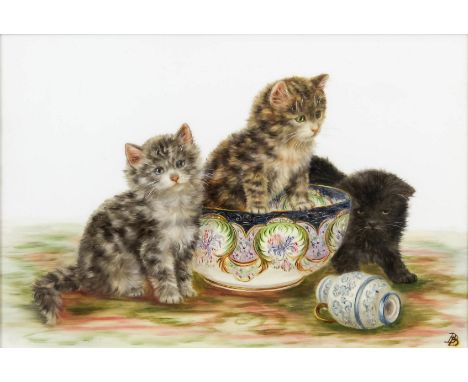 Bessie Bamber (fl. 1880-1910) - Oil painting - Three kittens, a jug and a bowl, ceramic panel 6.5ins x 9.5ins, monogrammed, i