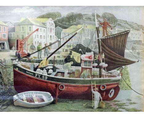 David Gentleman (born 1930) - Coloured lithograph - "Cornish Pilchard Boat", 28.5ins x 38.5ins, framed and glazed Note : This