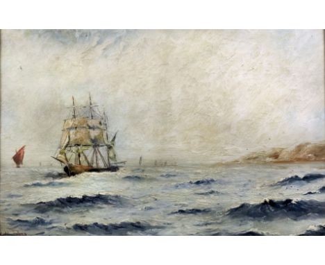 W. H. Johns (late 19th/early 20th Century) - Oil painting - Seascape with three masted sailing ship, board 12.25ins x 18.5ins
